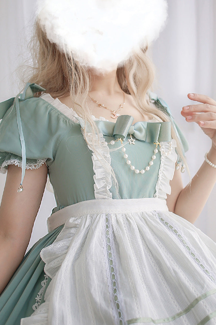 White/Green Spring Wood Branches Short Sleeves Ruffle Hanayome Bowknot Sweet Lolita Dress - Product - 2