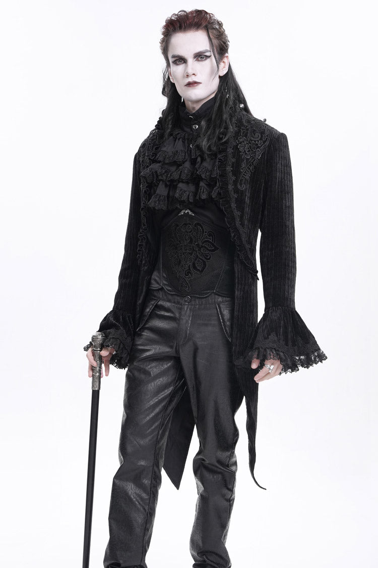 Black Stand Collar Swallow-tailed Long Sleeves Lace Men's Gothic Jacket - Product - 12