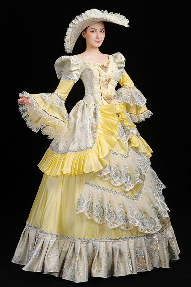 Trumpet Sleeves High Waisted Ruffled Multi-Layer Hollow Embroidery Print Victorian Lolita Prom Dress - Yellow - 6