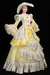 Trumpet Sleeves High Waisted Ruffled Multi-Layer Hollow Embroidery Print Victorian Lolita Prom Dress - Yellow - 6