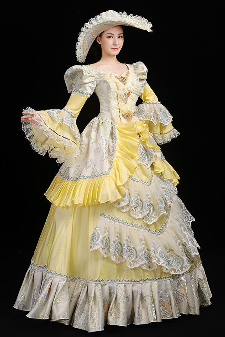 Trumpet Sleeves High Waisted Ruffled Multi-Layer Hollow Embroidery Print Victorian Lolita Prom Dress - Yellow - 6
