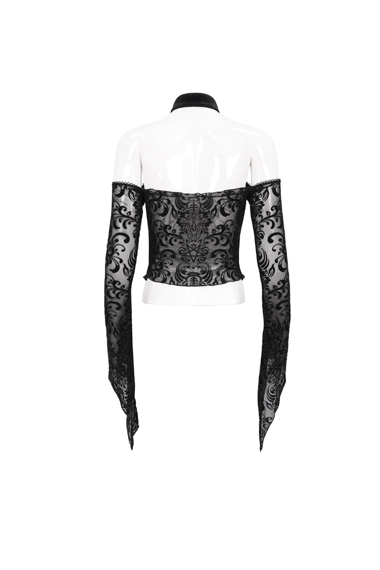 Black Pentagram Flocking Rope Rose Button Off-Shoulder Long Sleeve Women's Gothic T-Shirt - Product - 9