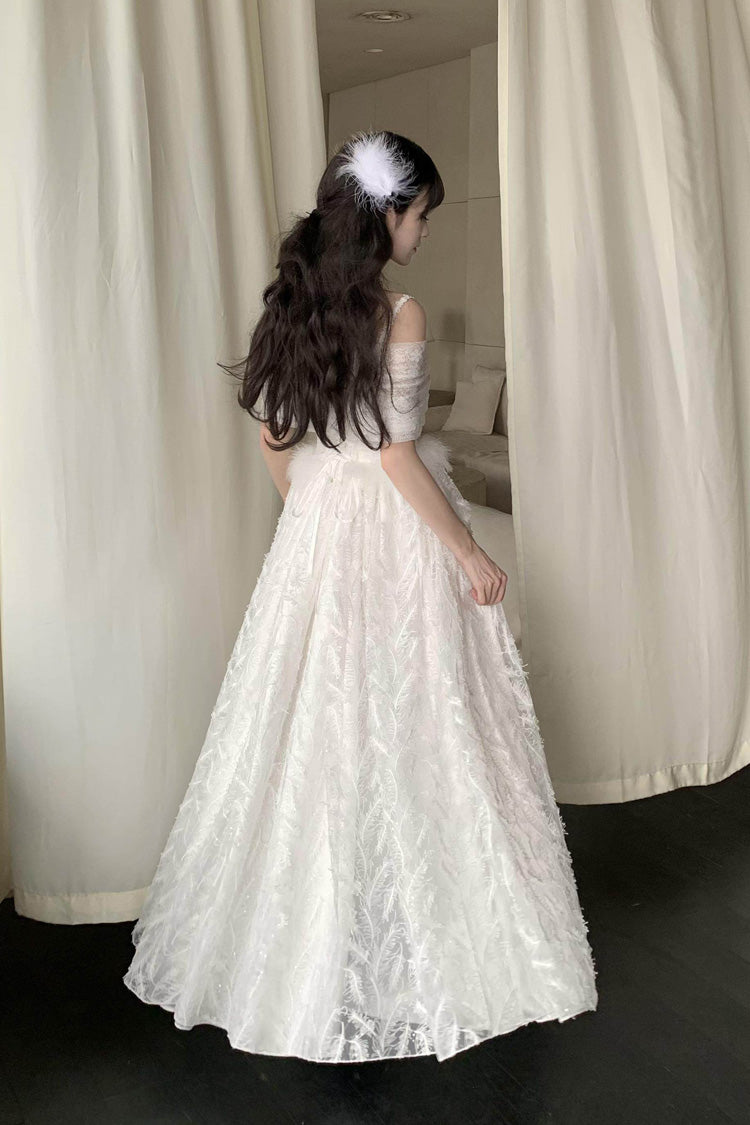 White [Moonlight] Off Shoulder Jacquard Embroidered Bow Gothic Lolita Jsk Dress - Product - 3