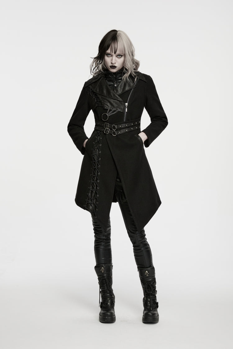 Black Lapel Collar Long Sleeves Patchwork Lace-Up Asymmetric Buckled Women's Punk Cool Coat - Product - 9