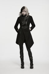 Black Lapel Collar Long Sleeves Patchwork Lace-Up Asymmetric Buckled Women's Punk Cool Coat - Product - 9