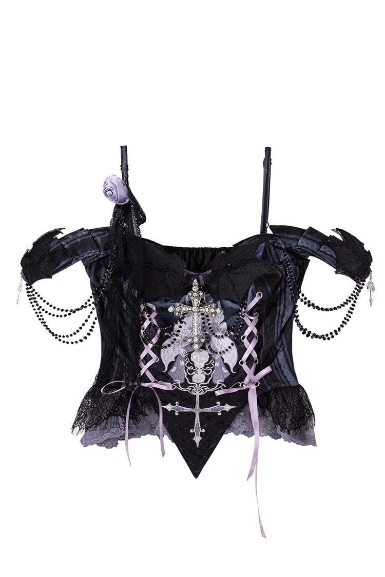 Black/Blue [Skull Magic] Print Ruffle Bowknot Gothic Elegant Lolita Skirt Two-Piece Set - Product - 5