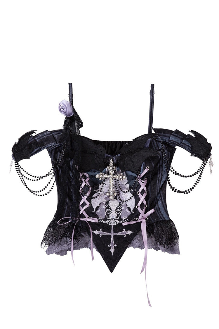 Black/Blue [Skull Magic] Print Ruffle Bowknot Gothic Elegant Lolita Skirt Two-Piece Set - Product - 5