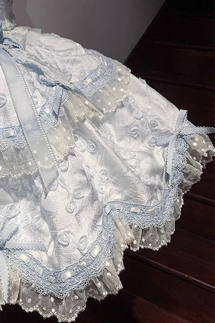 Blue [Floral Overture] Double-Layered Ruffle Embroidery Bowknot Lace Sweet Lolita Jsk Dress - Product - 10