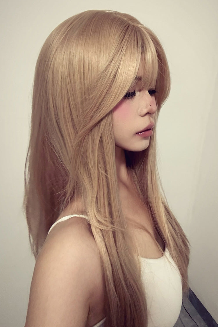 Milk Tea Gold Sweet Soft Air Bangs Lolita Long Straight Wig - Product - 4