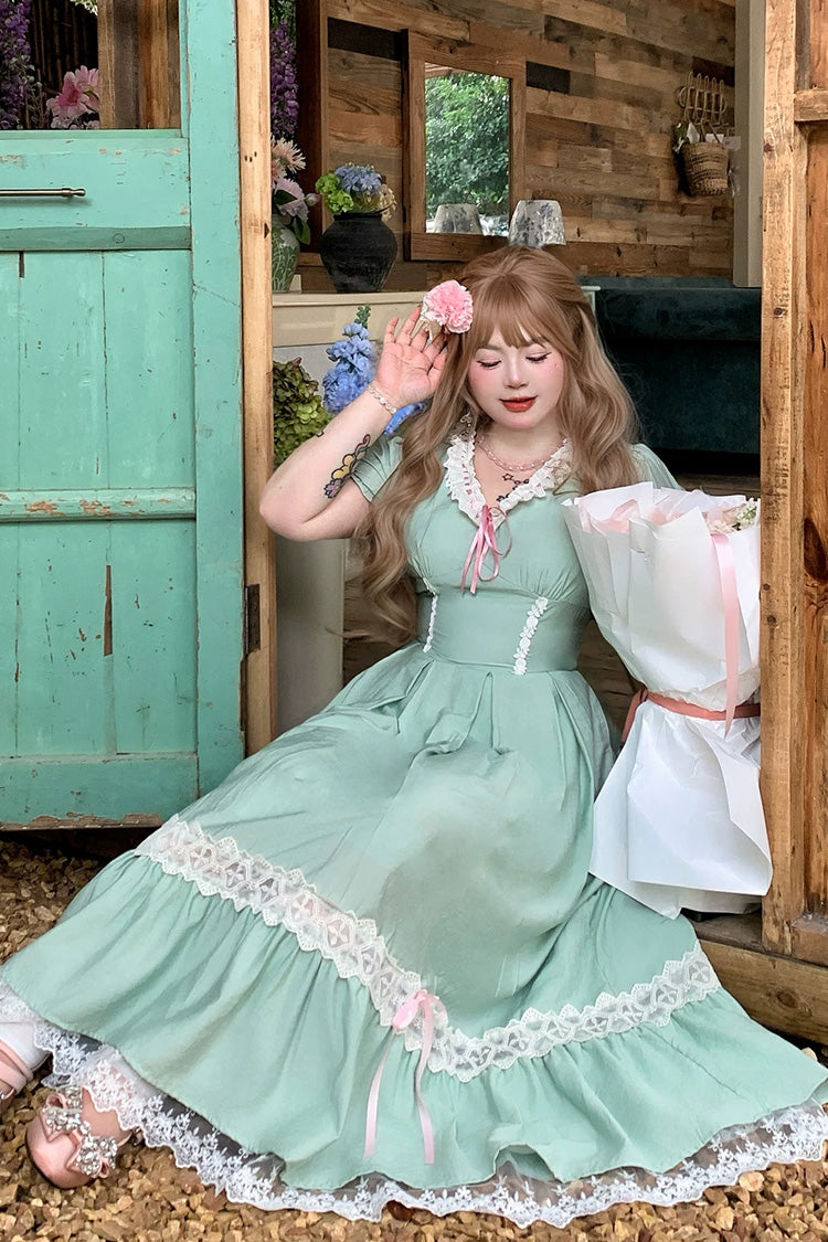 Green V Collar Short Sleeves Ruffled Lace Sweet Plus Size Lolita Dress - Product - 10