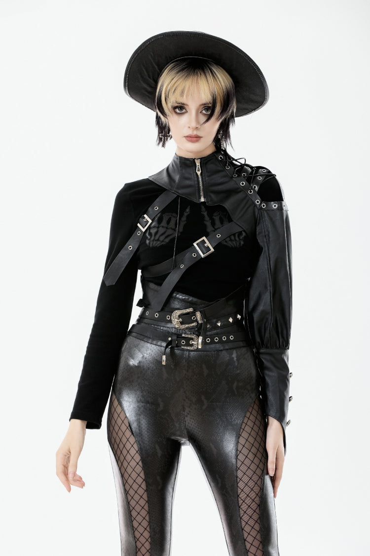 Black Cut-Out Asymmetric Buckled Zippered Women's Punk Cape - Black - 1