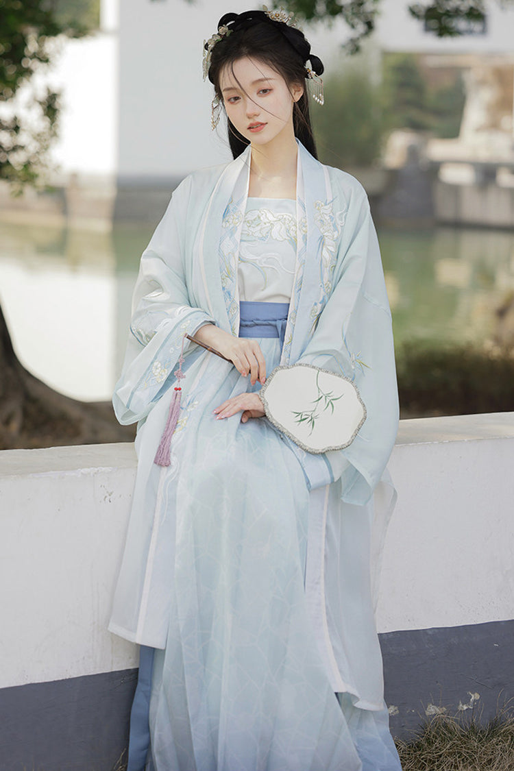 White/Blue [Auspicious Clouds] Long Sleeves High Waisted Ombre Embroidered Women's Classic Hanfu Dress Set - Product - 2