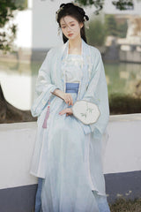 White/Blue [Auspicious Clouds] Long Sleeves High Waisted Ombre Embroidered Women's Classic Hanfu Dress Set - Product - 2
