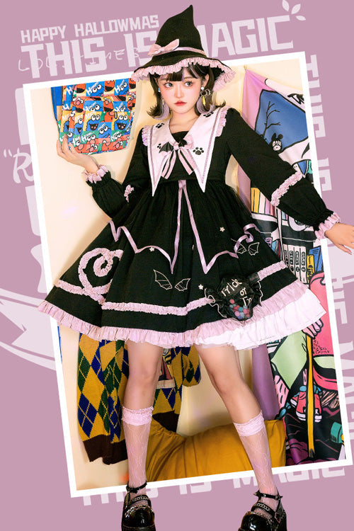 Dark Black High Waisted Purple Ruffled Long Sleeves Lolita OP Gothic Lolita Dress - Product - 2