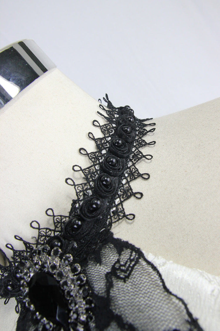 White Lace Jacquard Jewel Pins Men's Gothic Tie - Product - 4