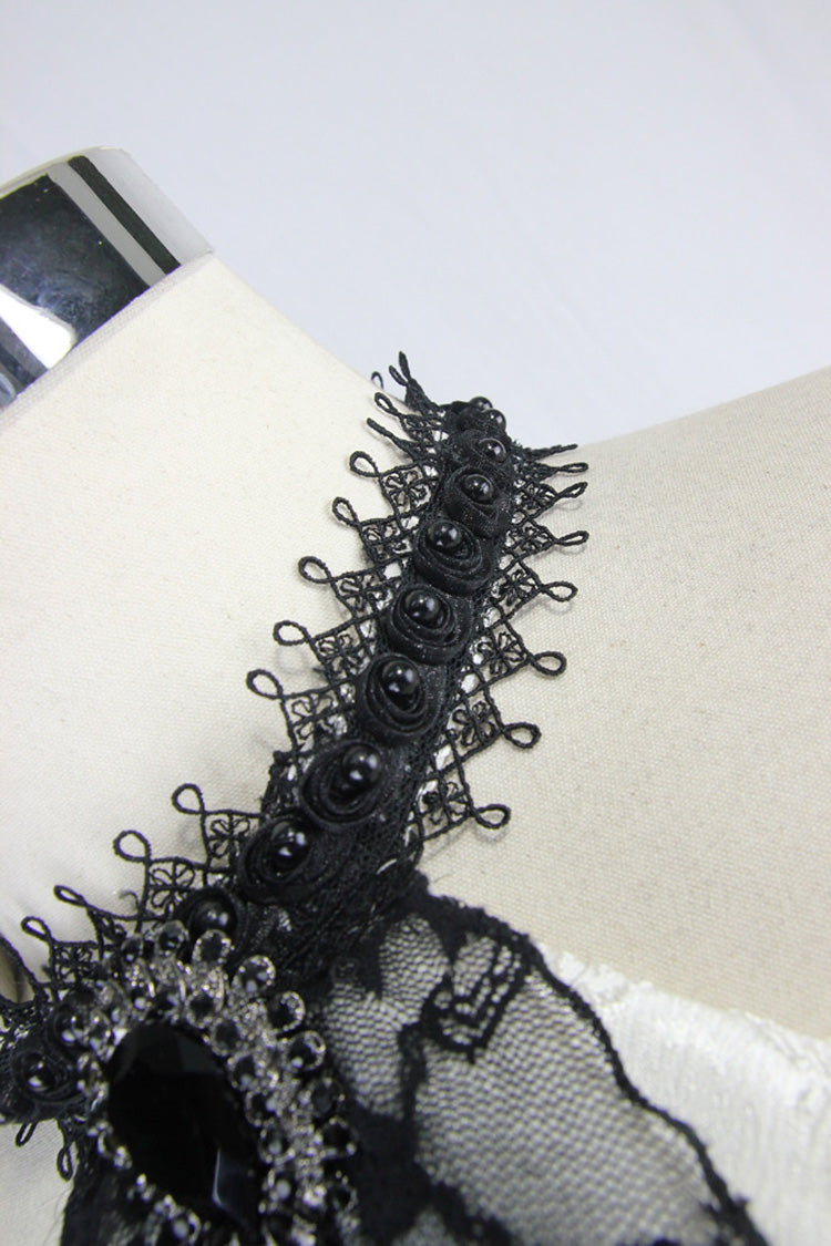 White Lace Jacquard Jewel Pins Men's Gothic Tie - Product - 4