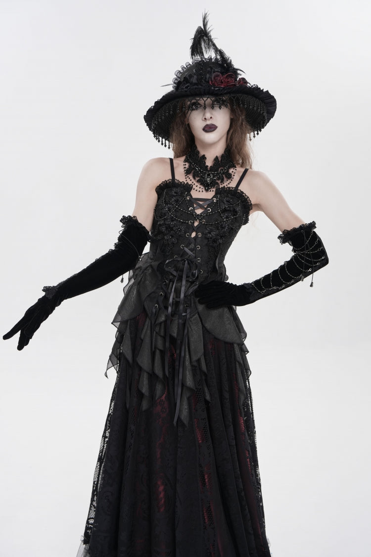 Black Ruffled Lace Lace-Up Slim Women's Gothic Overbust Corset - Black - 8