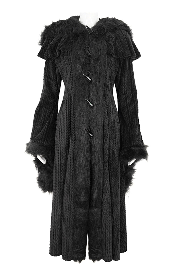 Black Flared Sleeved Fluffy Long Women's Gothic Coat With Hood - Product - 7