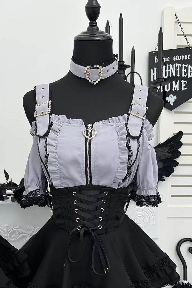 Jirai Kei [Heartbeat Buffy] Stand Collar Sleeveless Triple-Layered Ruffled Lace-Up Zippered Sweet Japanese Skirt and Blouse - Grey(Short-Sleeve-Blouse-Only) - 18