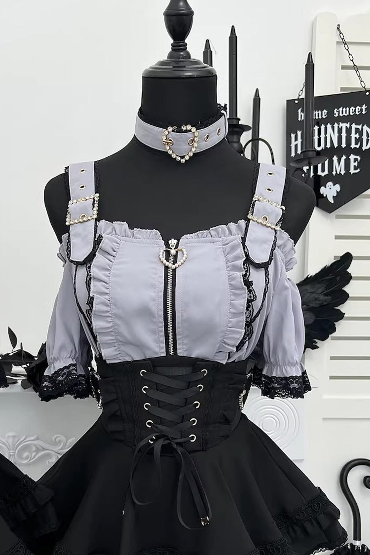 Jirai Kei [Heartbeat Buffy] Stand Collar Sleeveless Triple-Layered Ruffled Lace-Up Zippered Sweet Japanese Skirt and Blouse - Grey(Short-Sleeve-Blouse-Only) - 18