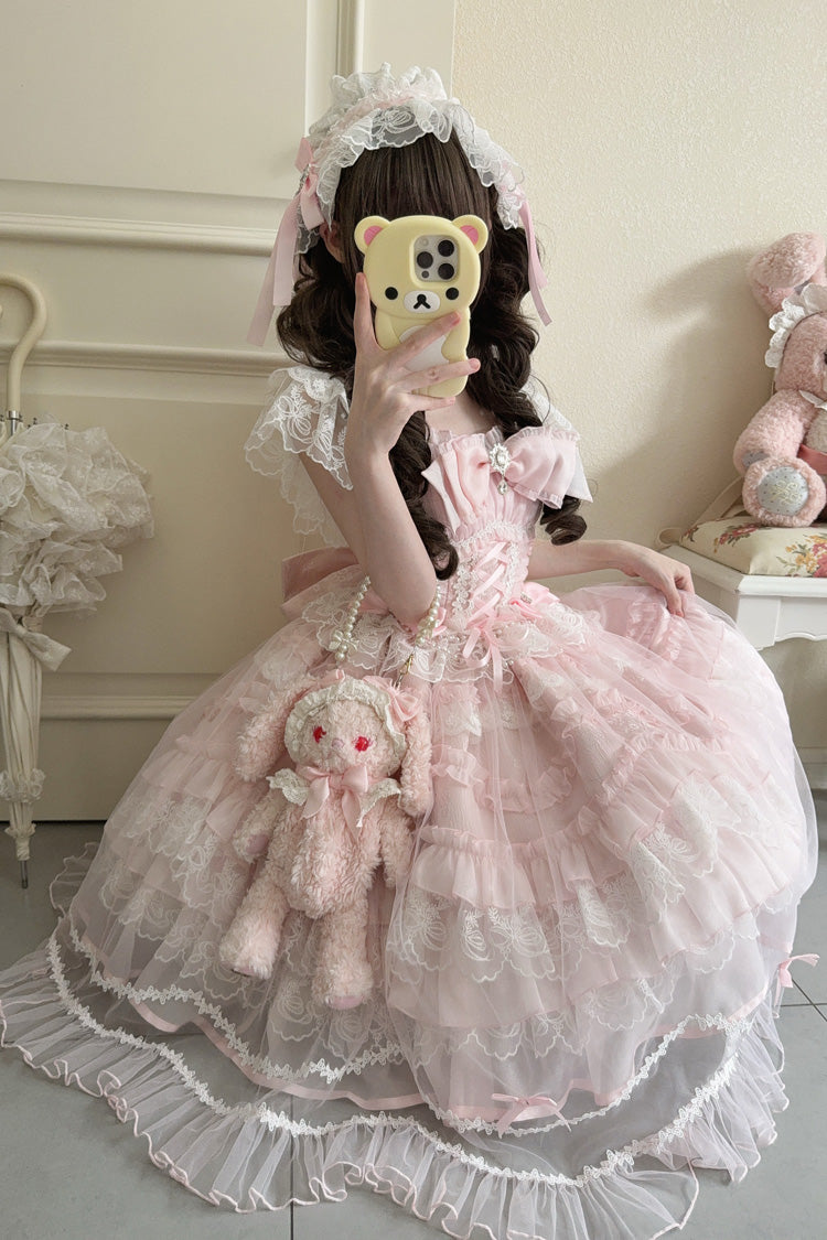 Pink [Eternal Vow] Sleeveless Multi-Layered Ruffle Hanayome Bowknot Lace Lace-Up Sweet Lolita Jsk Dress - Product - 6