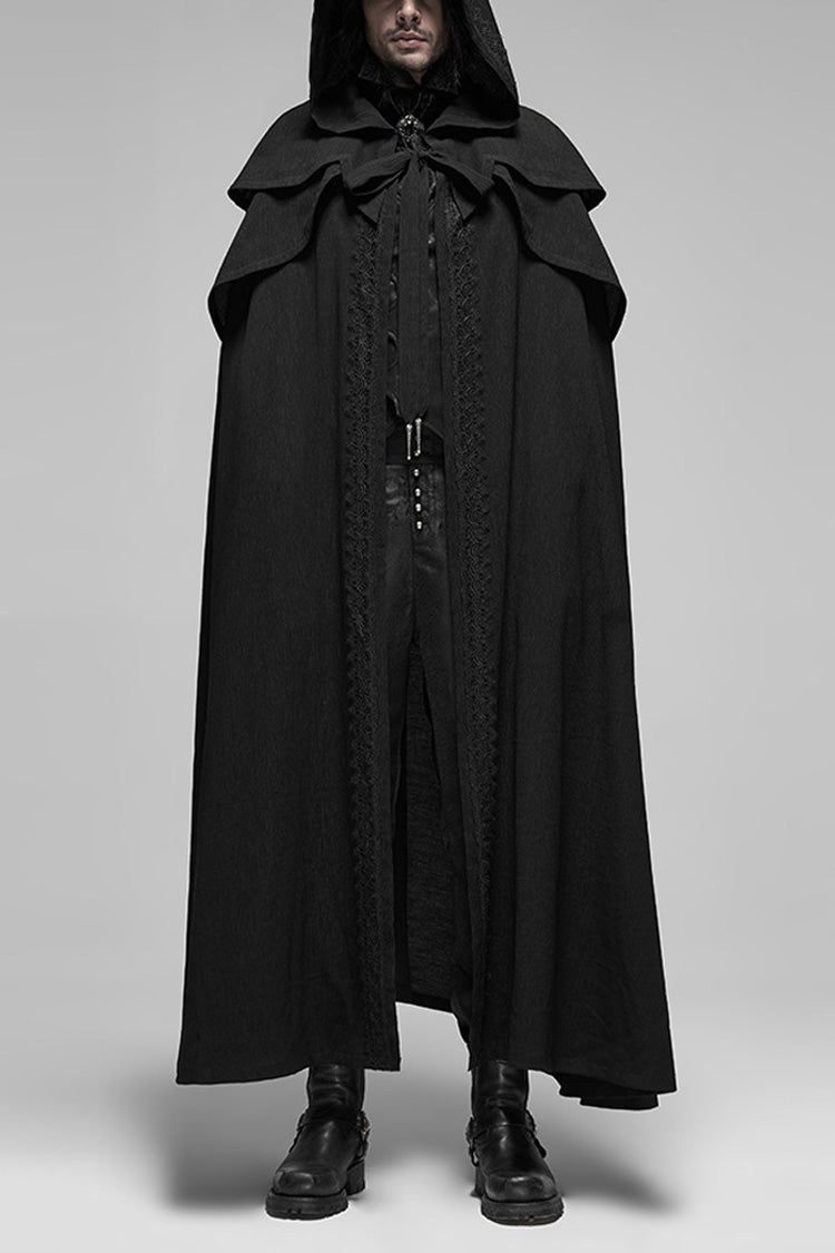 Black Punk Multilayer Lace Decoration Frenulum Simple Hooded Long Men's Cloak - Black - 1