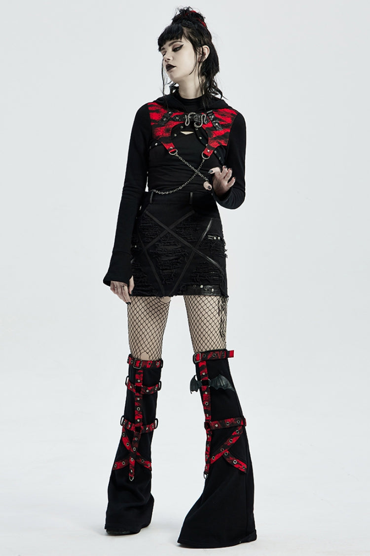 Black Five-Pointed Print Slim Ripped Metal Nail Decoration Women's Steampunk Skirt - Product - 4