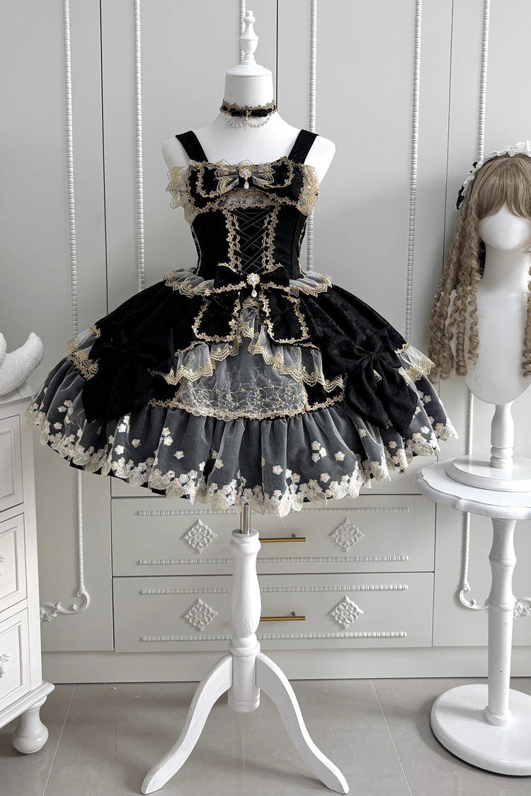 Sweet Sleeveless Ruffled Foil-Stamped Embroidered Open-Front Bow Lace Gorgeous Lolita Jsk Dress 4 Colors - Product - 11