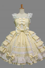 Lace Square Neck Cap Sleeve Knee Length Ruffled Bowknot Sweet Lolita Dress - Yellow - 4