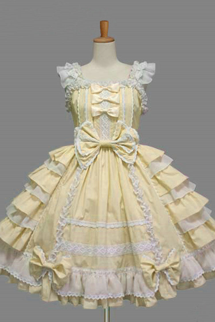 Lace Square Neck Cap Sleeve Knee Length Ruffled Bowknot Sweet Lolita Dress - Yellow - 4