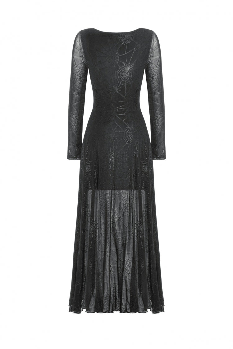 Black Long Sleeves Lace-Up Spiderweb Women's Gothic Elegant Witch Long Dress - Product - 14
