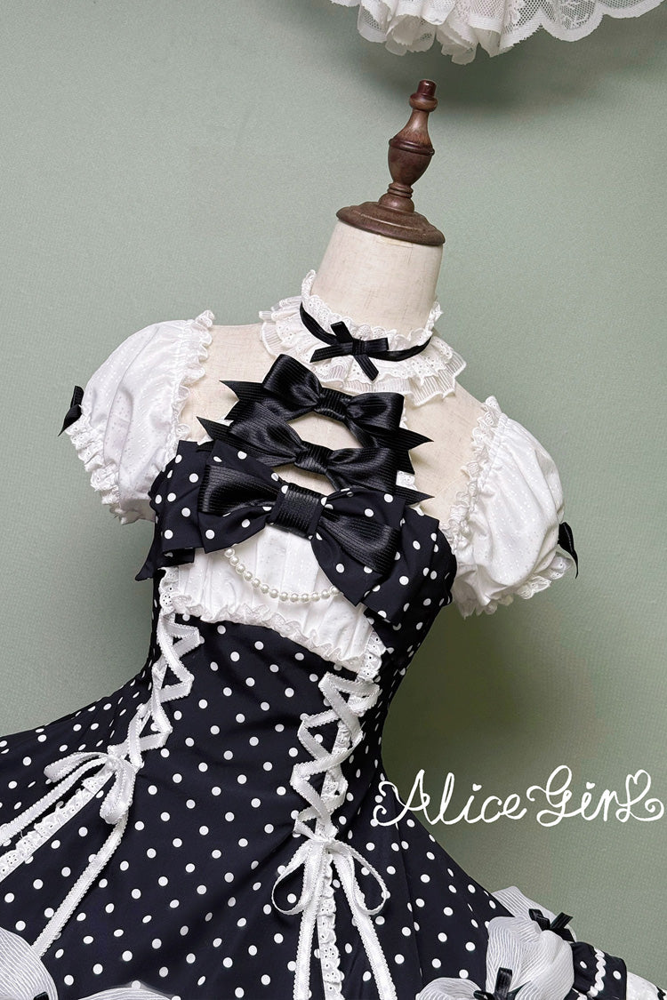 Black/White Halterneck Short Sleeves Triple-Layered Polka Dot Printed Bow Lace-Up Sweet Lolita Dress - Product - 4