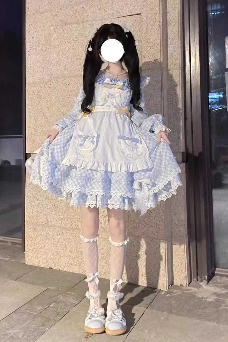 Blue Plaid Print Long Sleeves Bowknot Lace Sweet Lolita Dress - Product - 7