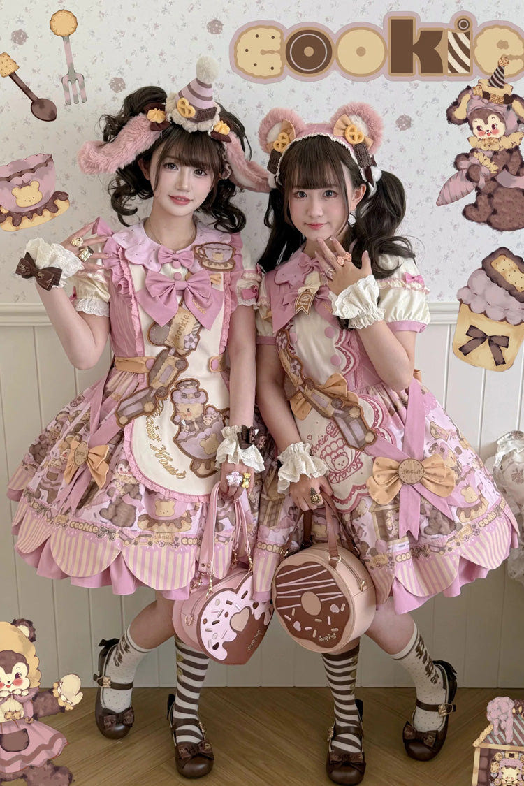 Pink [Teddy Bear Cookie] Strawberry Cream Puff Dessert Printed Bow Plus Size Sweet Lolita Dress Set 3 Versions - Product - 9