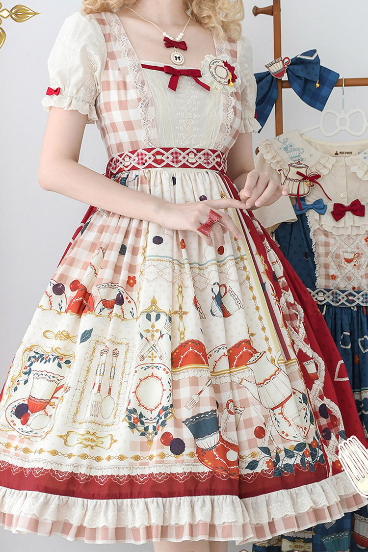 Red [Tea Party] Short Sleeves Print Ruffle Bowknot Lace Sweet Elegant Lolita Dress - Product - 3