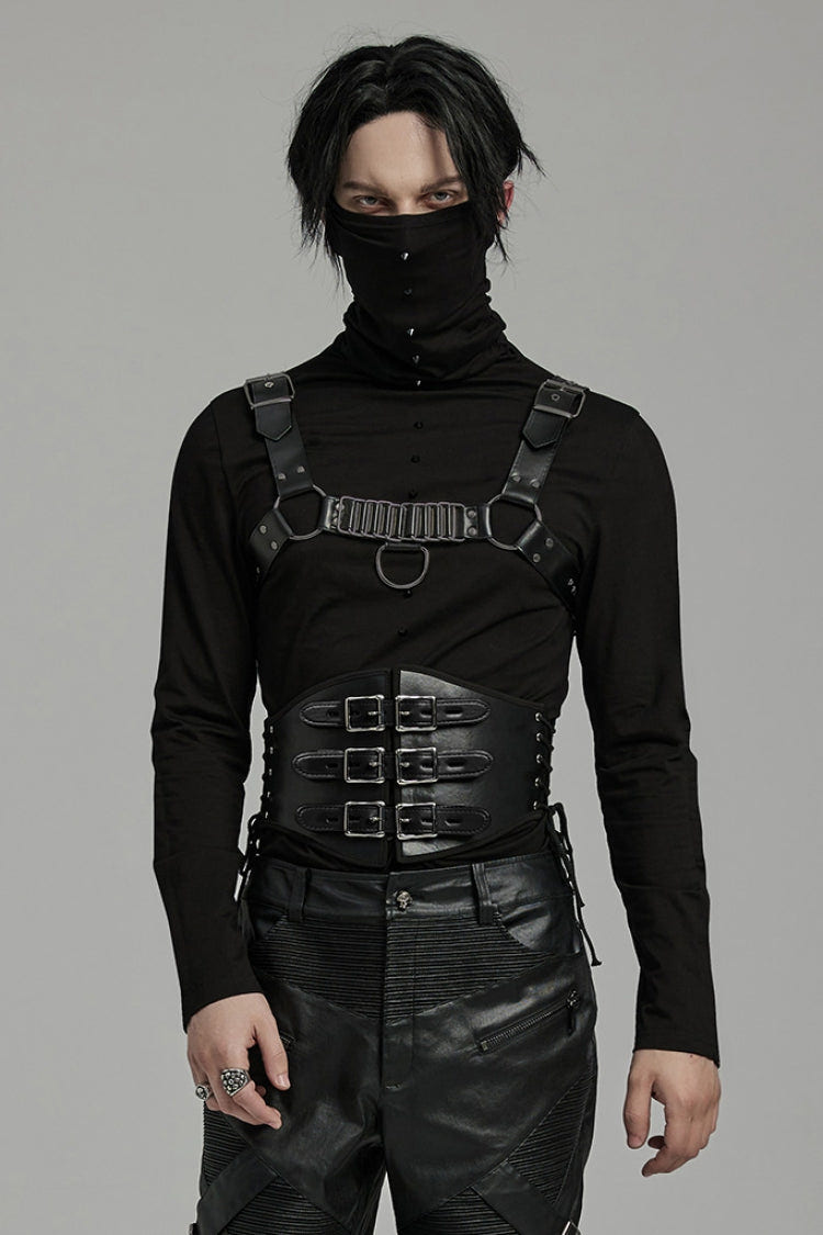 Black Lace-Up Double-buckle Men's Punk Girdle - Product - 2
