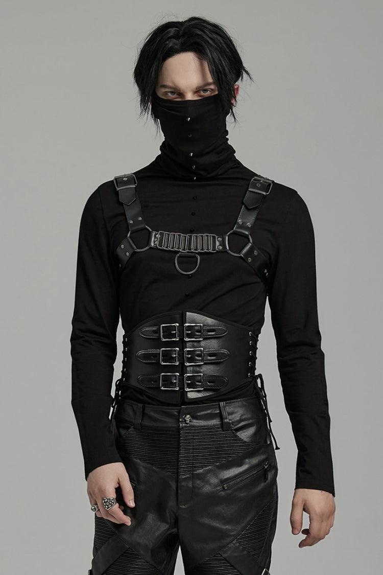 Black Lace-Up Double-buckle Men's Punk Girdle - Product - 2
