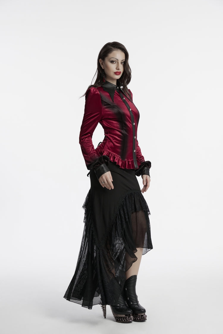 Red Lapel Collar Long Sleeves Lace-Up Slim Women's Gothic Gradient Velvet Blouse - Product - 4