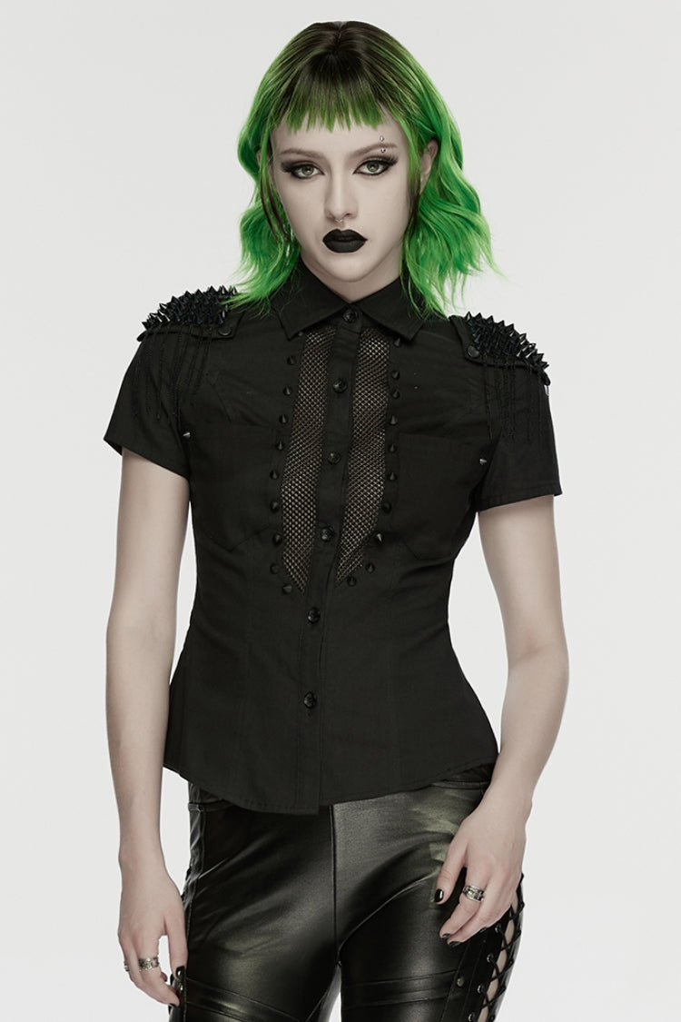 Black Lapel Collar Short Sleeves Mesh Studded Tassels  Women's Punk Blouse - Black - 1