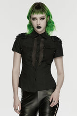 Black Lapel Collar Short Sleeves Mesh Studded Tassels  Women's Punk Blouse - Black - 1