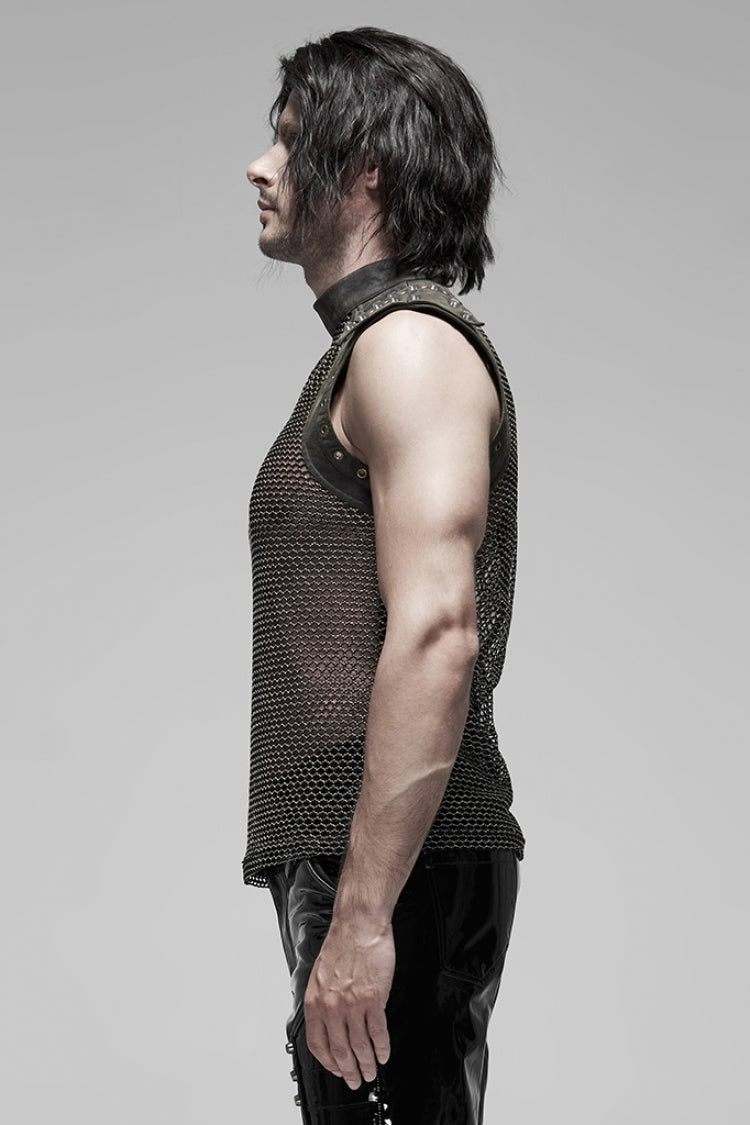 High Collar Sleeveless Rivet Decoration Sheer Mesh Men's Steampunk Vest 2 Colors - Product - 10