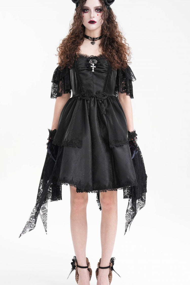 Black Halterneck Lace Lace-Up Irregular Hem Women's Gothic Dress - Product - 6
