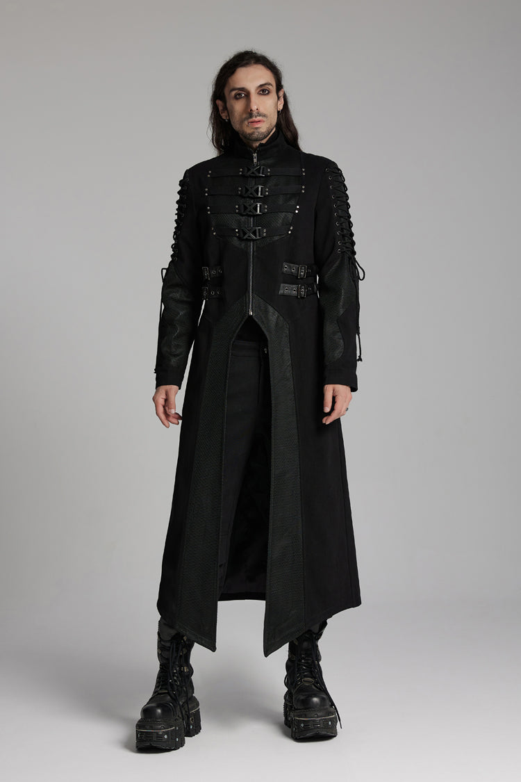 Black Buckle-up Rivets Long Sleeves Lace-Up Men's Punk Long Jacket - Product - 5