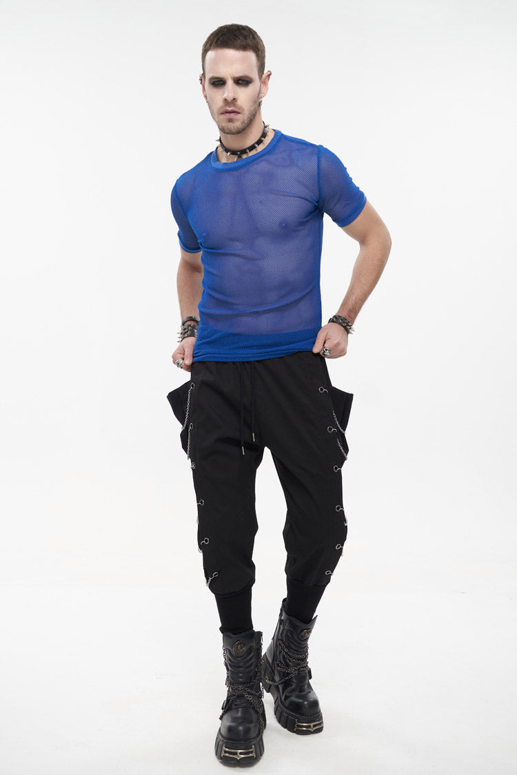 Blue Crew Neck Diamond-Shaped Net Short Sleeve Men's Gothic T-Shirt - Product - 2