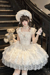 White [Featherlight Slumber] Square Collar Sleeveless Multi-Layered Bow Lace Pearl-Decorated Gothic Lolita Jsk Dress - Product - 5