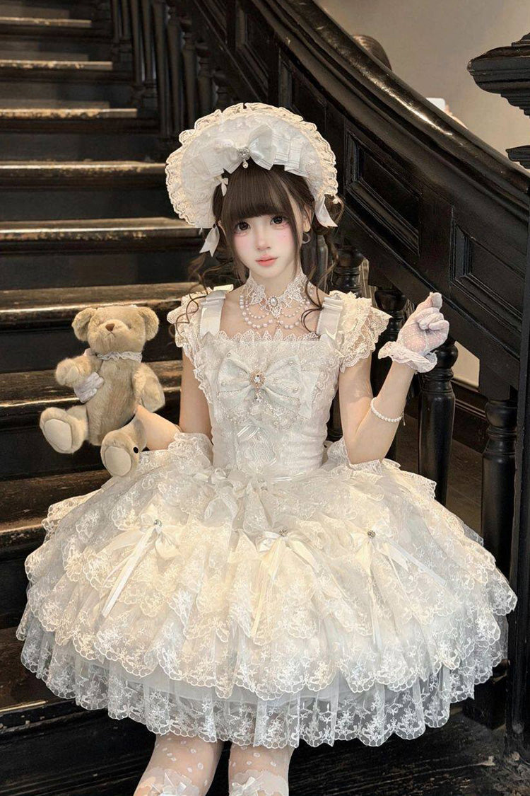 White [Featherlight Slumber] Square Collar Sleeveless Multi-Layered Bow Lace Pearl-Decorated Gothic Lolita Jsk Dress - Product - 5