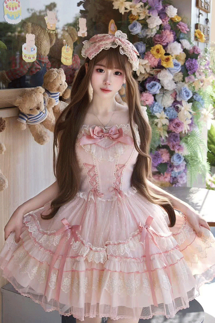 Pink [Candy House] Sleeveless Ruffle Bowknot Lace Lace-Up Sweet Lolita Jsk Dress - Product - 13