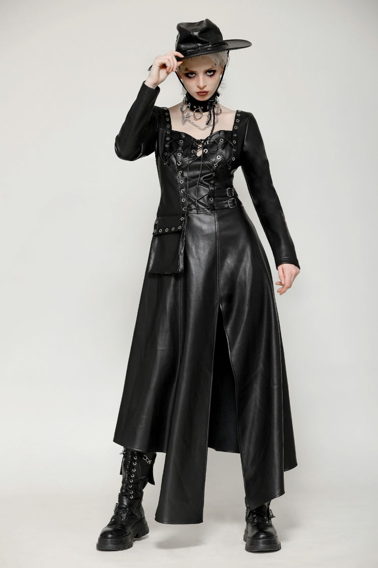 Black Women's Punk Long Sleeves Cut-Out Side Slit Irregular Hem Dress - Black - 1