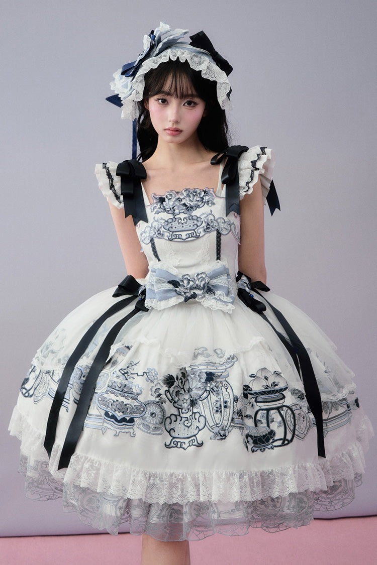 Blue/White [Celadon Jade Cup] Square Collar Flutter Sleeves Printed Ruffled Embroidered Bow Lace Classic Chinese Inspired Lolita Jsk Dress - Product - 5