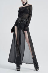 Black Long Sleeve One Word Collar Half Cut Finger Cuffs Tight Velvet Cobweb Prints Women's Punk T-Shirt - Black - 1